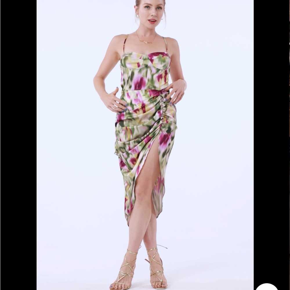 CIDER Illusion Ruched Midi Dress